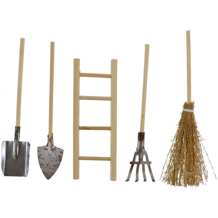 Set 5 attrezzi da campagna in legno accessori in miniatura