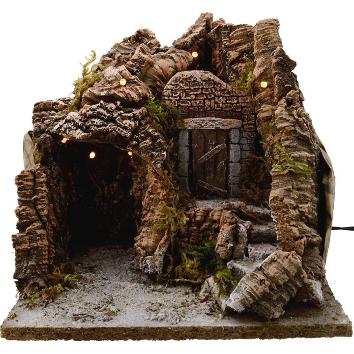 Belén con cueva y luces de 25x20x25 cm h.