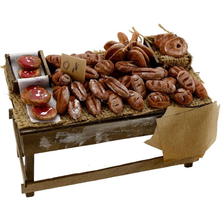 Banco in legno con pane e pizze 13x7x7,5 h.
