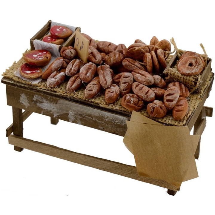Banco in legno con pane e pizze 13x7x7,5 h.