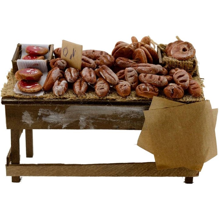 Banco in legno con pane e pizze 13x7x7,5 h.