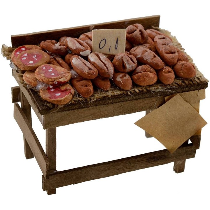 Banco in legno con pane e pizze 9x6x6,5 h.