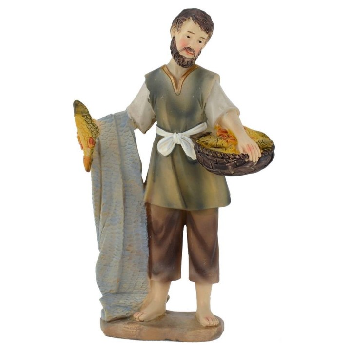 Pescatore con cesto di pesce resina 15 cm