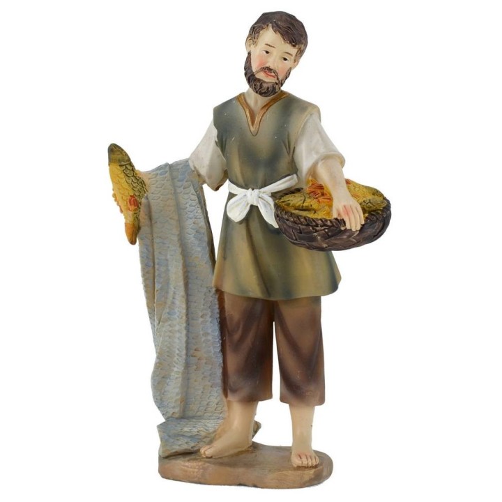 Pescatore con cesto di pesce resina 15 cm