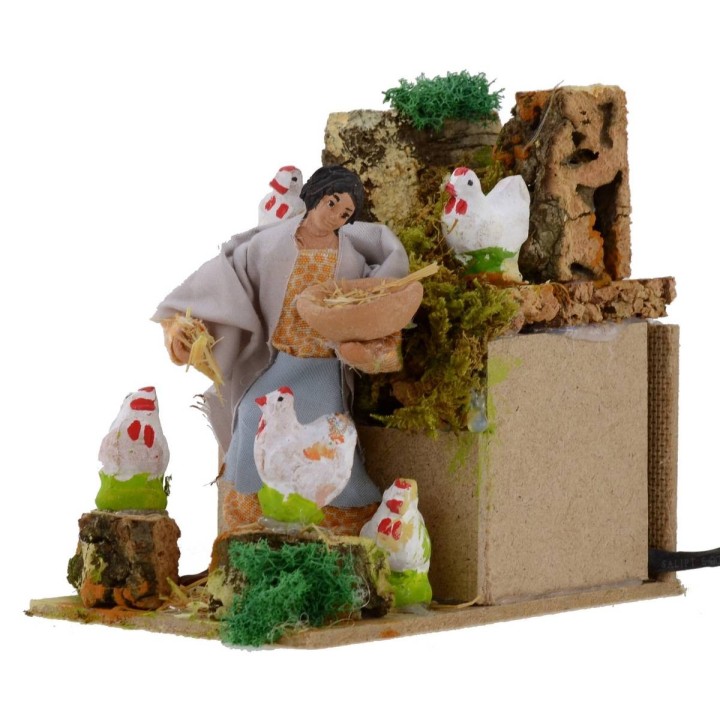Contadina con galline 10 cm statua in movimento per presepe