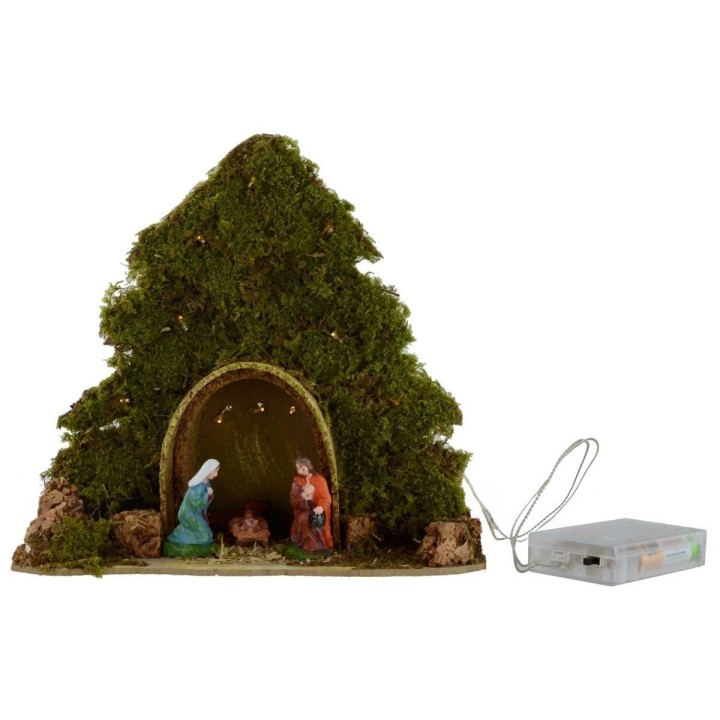Albero con capanna e Natività illuminati con led a pile cm