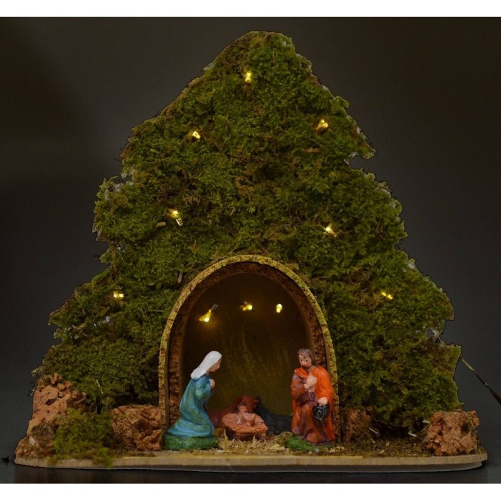 Árbol con cabaña y Natividad iluminados con led a pilas de