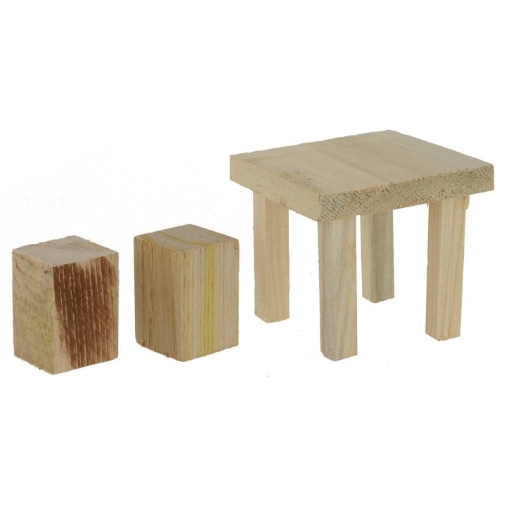 Mesa con taburetes de madera para estatuas de 12 a 15 cm.