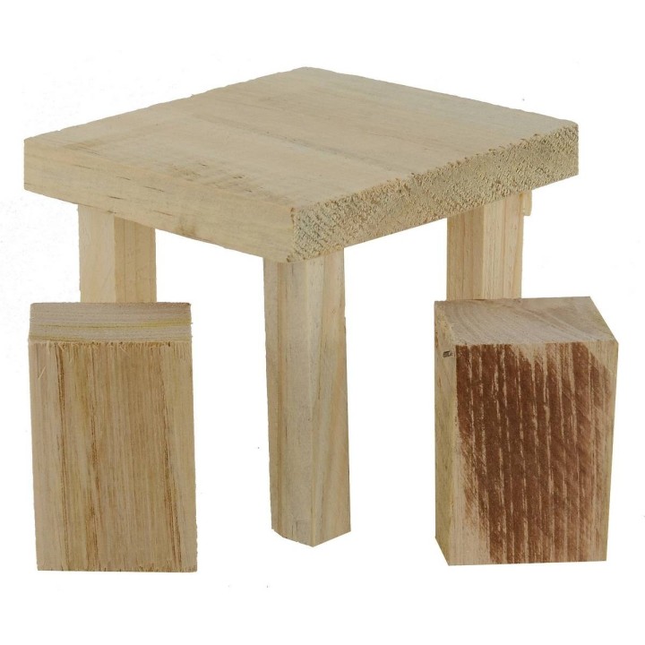 Tavolo con sgabelli in legno per statue da 12 a 15 cm