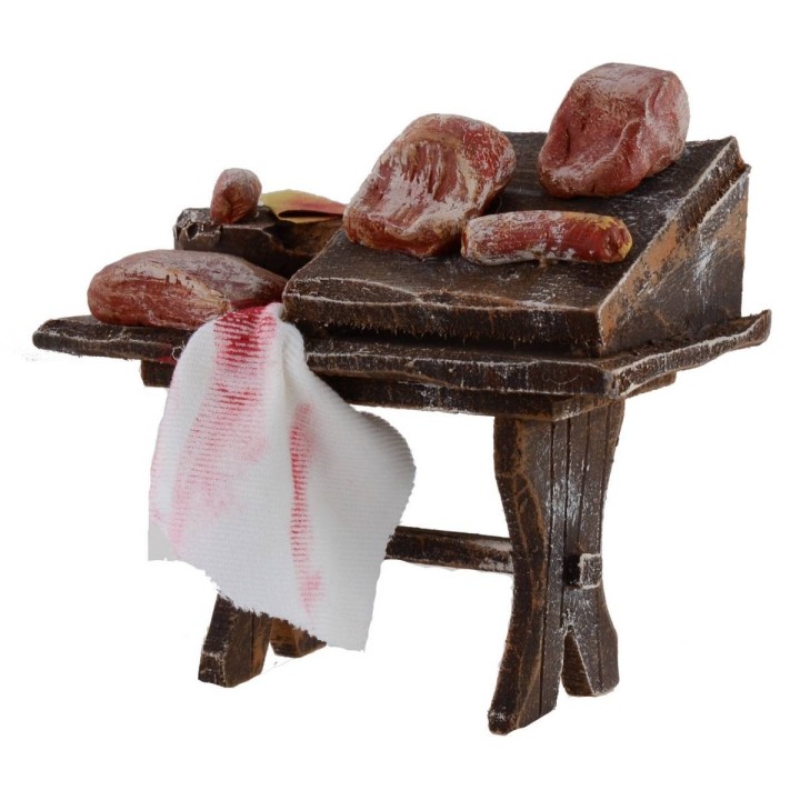 Banco in legno con carne e salumi cm 8,5x5x8,5 per statue da