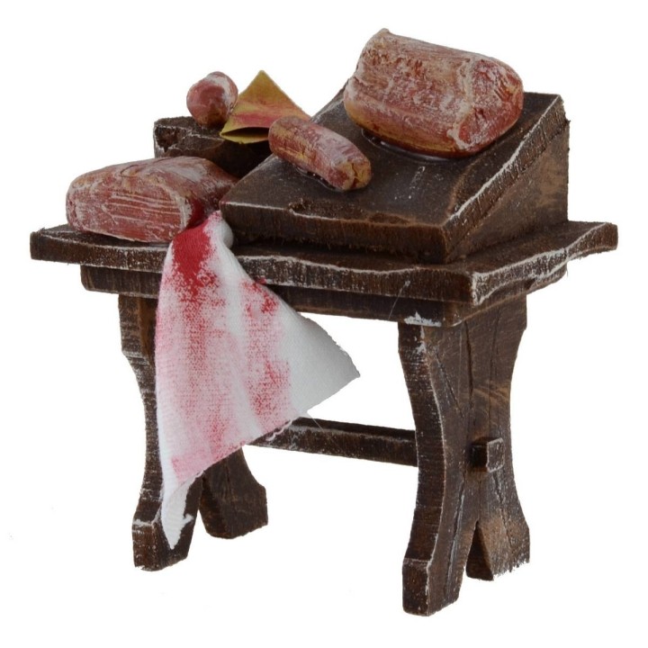 Banco in legno con carne e salumi cm 7x4x7,5 per statue da