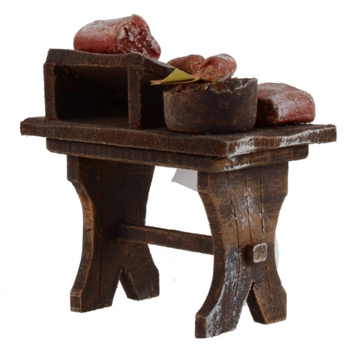 Banco in legno con carne e salumi cm 7x4x7,5 per statue da