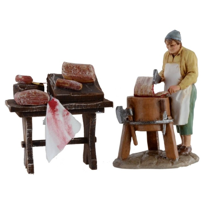 Banco in legno con carne e salumi cm 7x4x7,5 per statue da