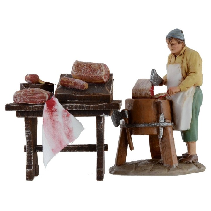 Banco in legno con carne e salumi cm 7x4x7,5 per statue da