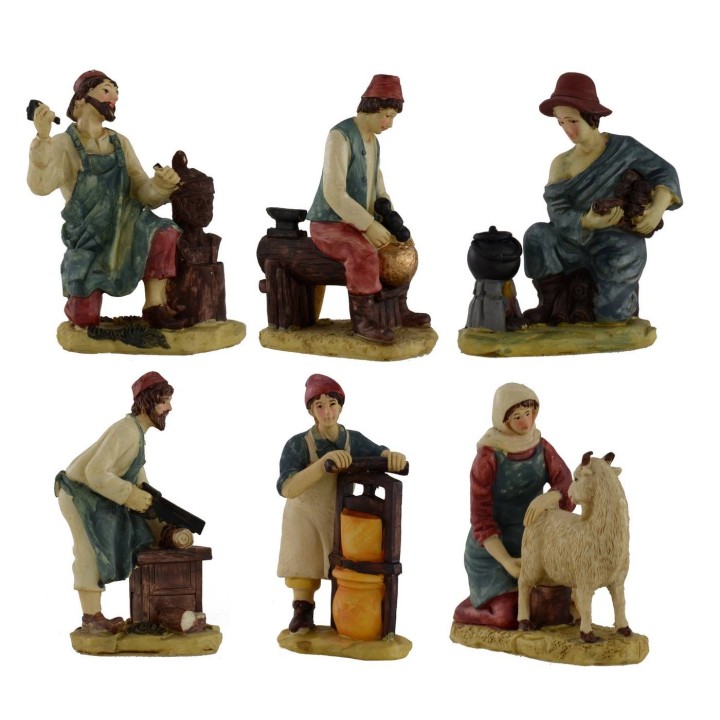 Conjunto de 6 estatuas de 15 cm para belén en resina.