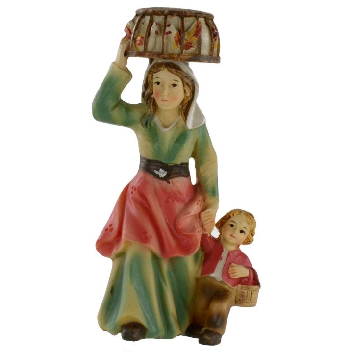 Donna con bambino e gabbia sul capo serie 8 cm in resina