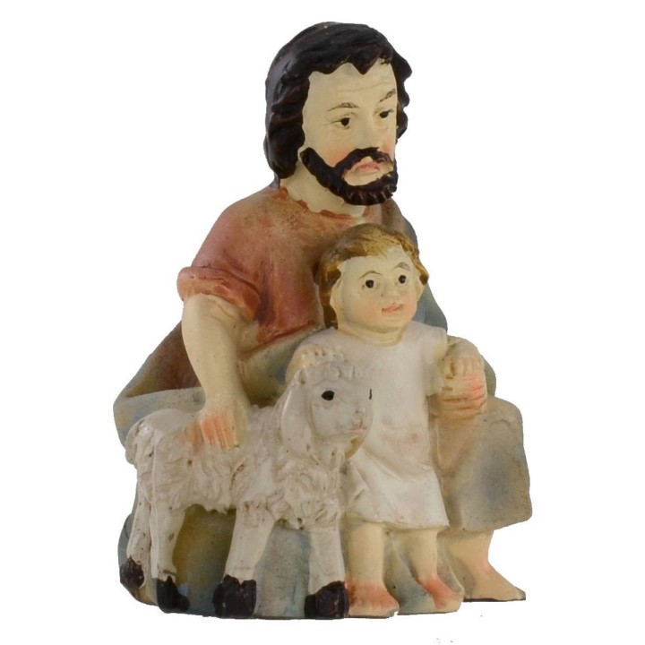 Pastor sentado con niño y cordero serie 9 cm en resina