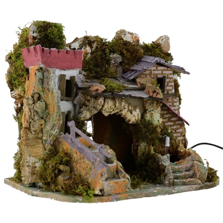 Belén con fuente funcional y cueva de 37,5x27x30 cm h