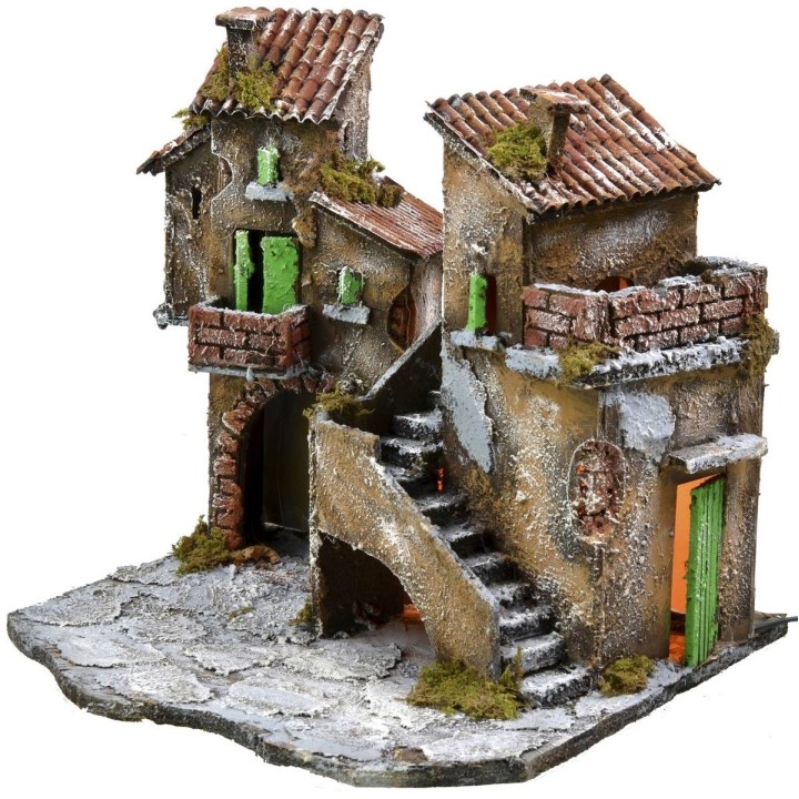 Cortile con case e luci cm 31,5x30x31 h