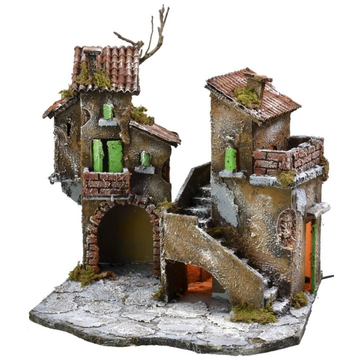 Cortile con case e luci cm 31,5x30x31 h