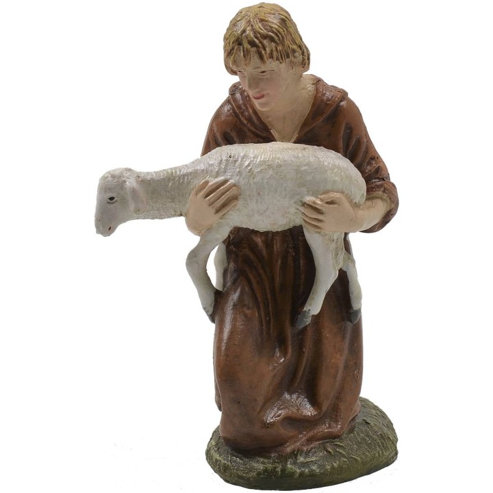 Pastore inginocchiato con agnello in resina dipinta 10 cm serie