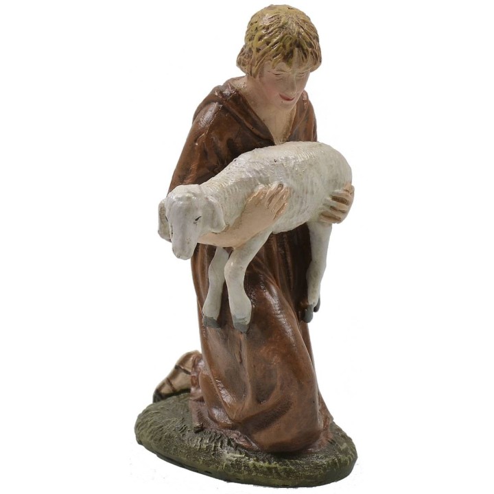 Pastore inginocchiato con agnello in resina dipinta 10 cm serie