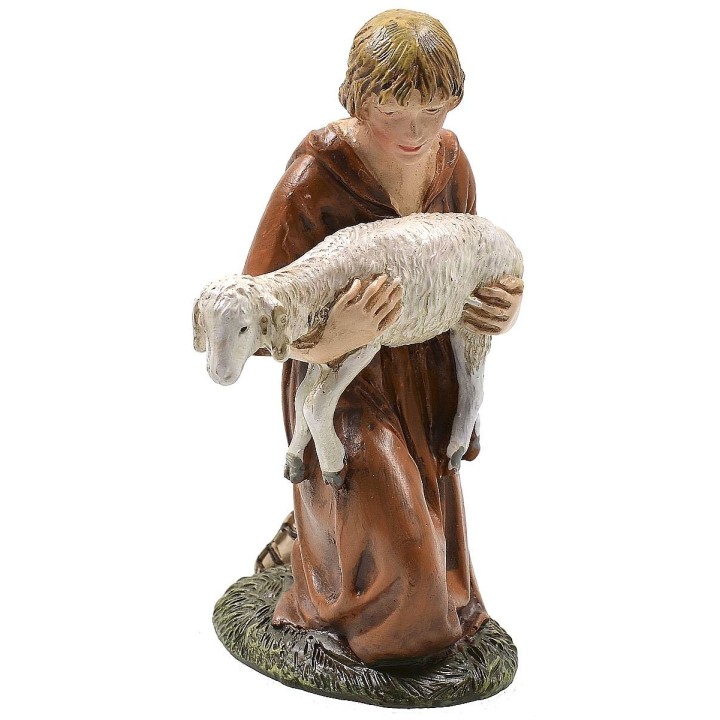 Adorante inginocchiato con agnello in resina dipinta 12 cm