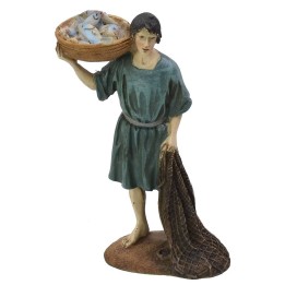 Fisherman with basket and net in painted resin 12 cm Landi
