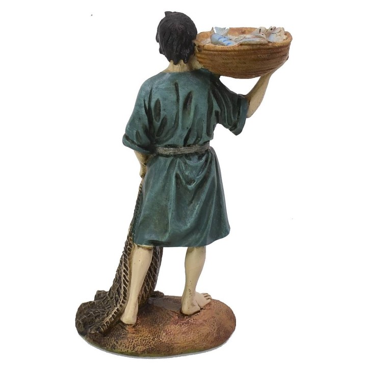 Pescatore con cesto e rete in resina dipinta 12 cm serie