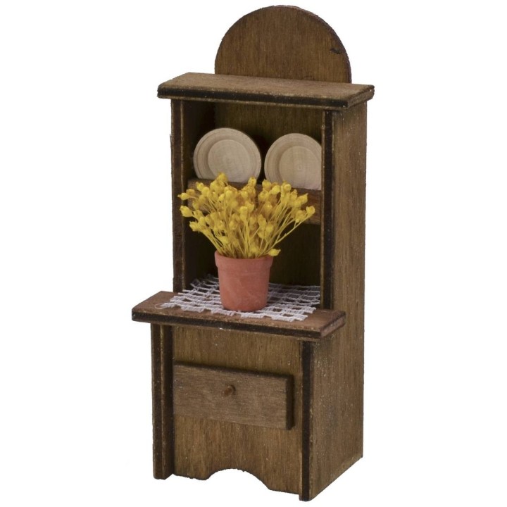 Wooden sideboard with vase of flowers and plates cm 5,5x4,5x13