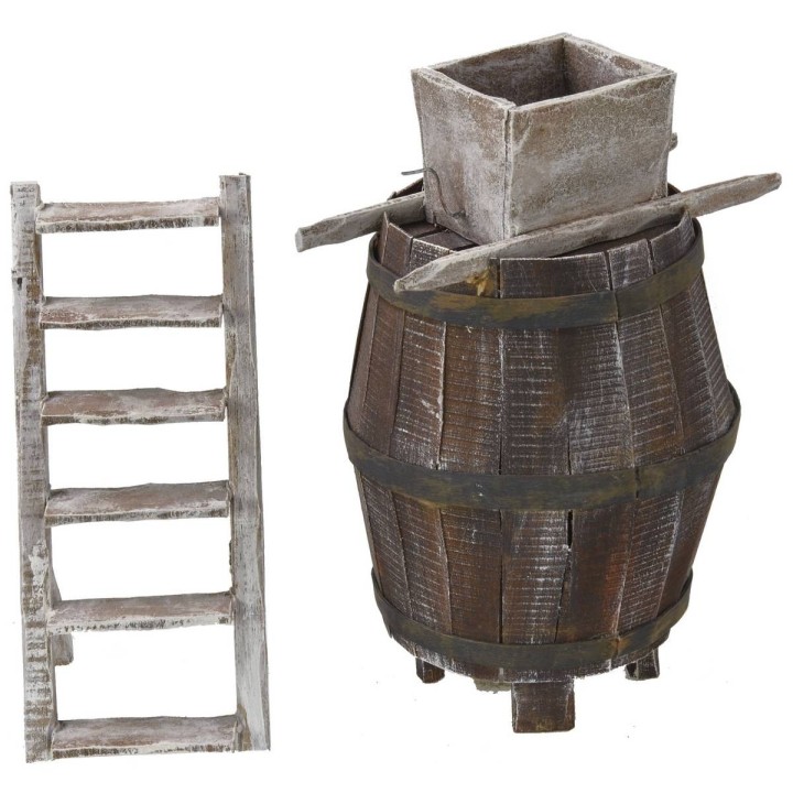 Barrel with ladder and millstone for grapes cm 11.5Øx18 h