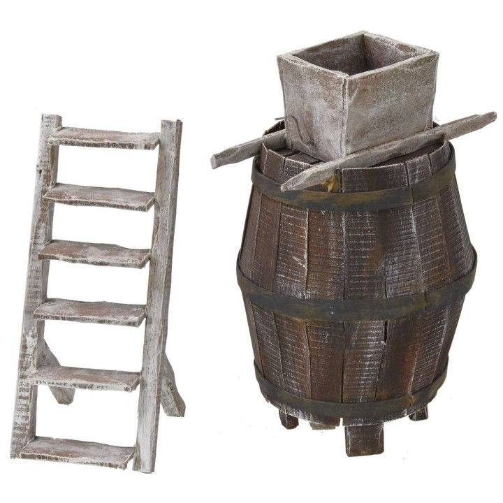 Barrel with ladder and millstone for grapes cm 11.5Øx18 h