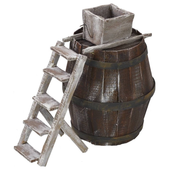 Barrel with ladder and millstone for grapes cm 11.5Øx18 h