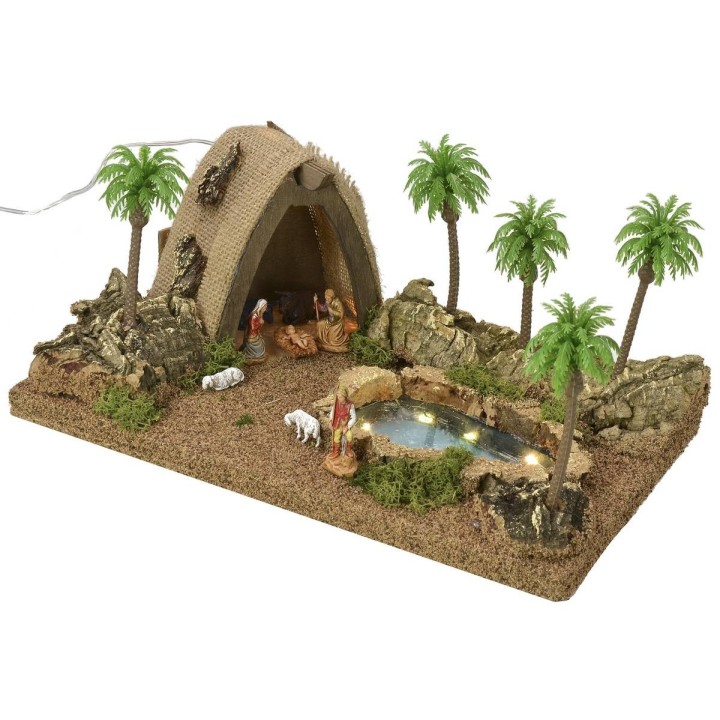 Presepe Arabo illuminato completo di statue Landi con laghetto