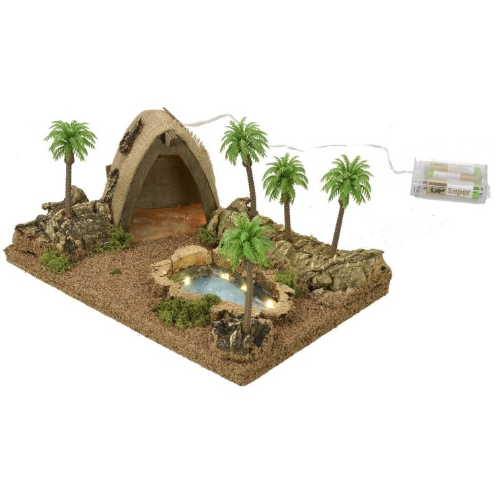 Tienda árabe iluminada con estanque y palmeras de 26,5x18x12,5