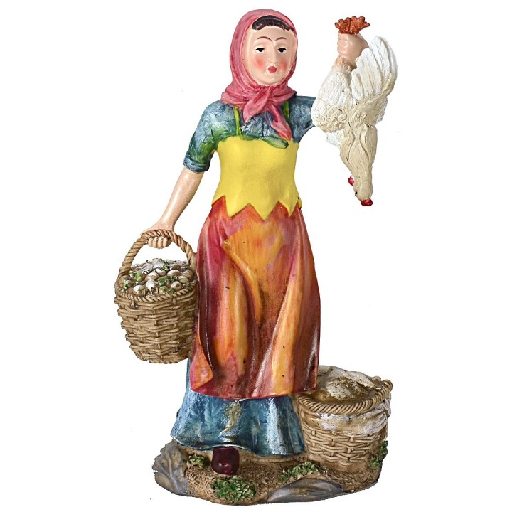 Donna con cesti e gallina cm 27 in resina