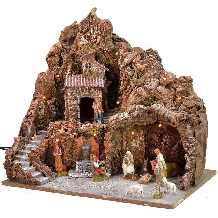 Presepe illuminato completo di statue Landi con fontana