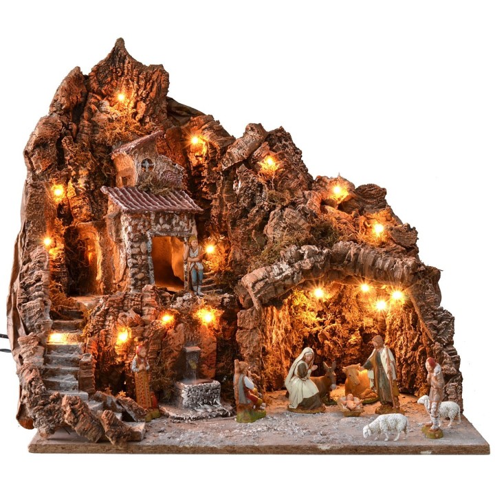 Illuminated nativity scene complete with Landi statues with