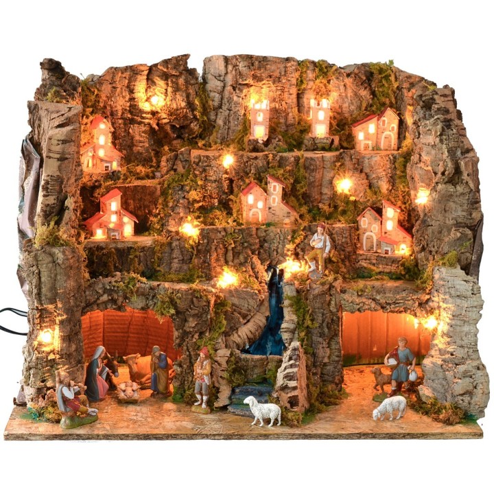 Belén iluminado completo con estatuas Landi, con paisaje y