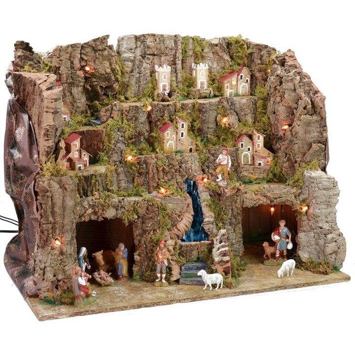 Presepe illuminato completo di statue Landi con paesaggio e