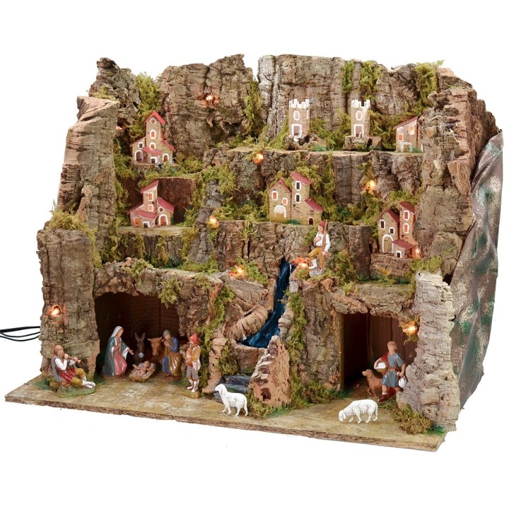 Illuminated nativity scene complete with Landi statues with
