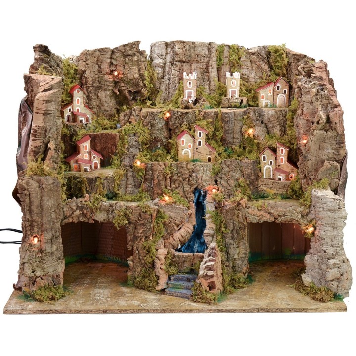 Belén iluminado con paisaje y cascada funcional de 60x33,5x46