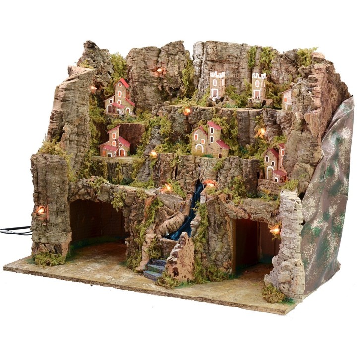 Presepe illuminato con paesaggio e cascata funzionante cm