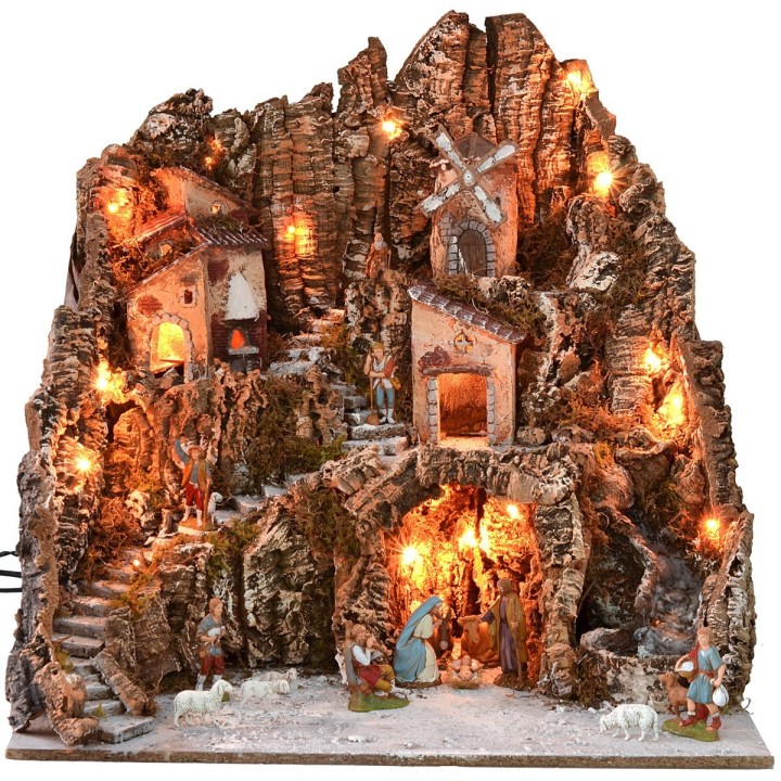 Belén iluminado completo con estatuas Landi, con molino de