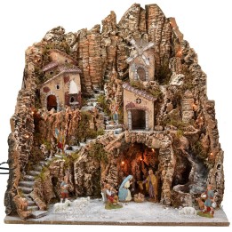 Presepe illuminato completo di statue Landi con mulino a vento