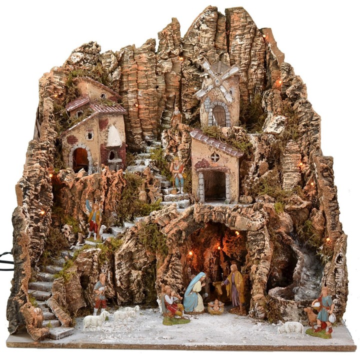 Illuminated nativity scene complete with Landi statues with