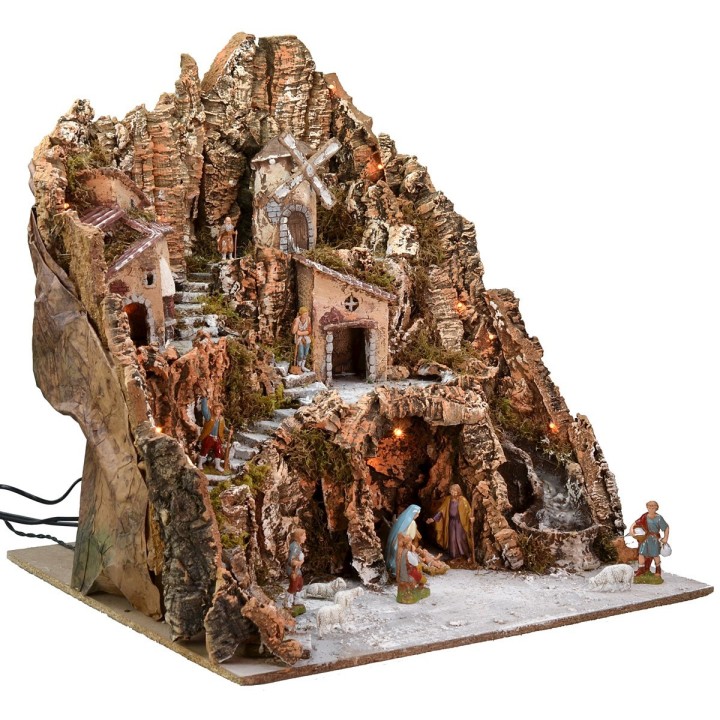 Presepe illuminato completo di statue Landi con mulino a vento