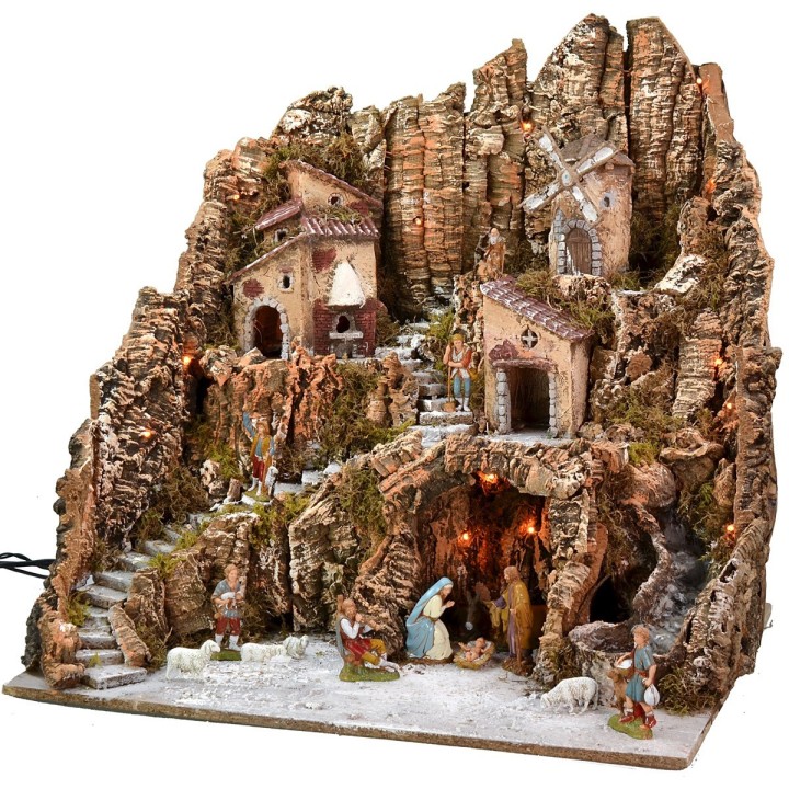Presepe illuminato completo di statue Landi con mulino a vento