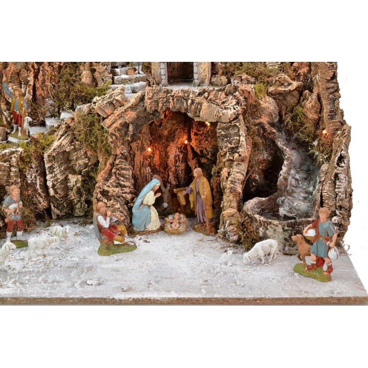 Presepe illuminato completo di statue Landi con mulino a vento