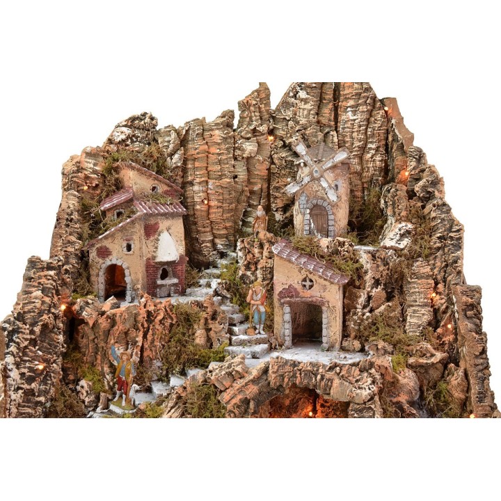 Presepe illuminato completo di statue Landi con mulino a vento